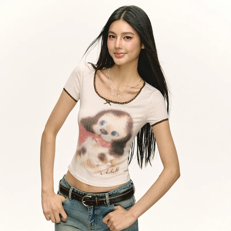 Ariseism  美式复古辣妹修身设计感短袖T恤女夏季新款显瘦上衣