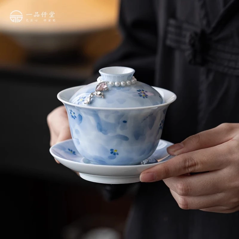 小雏菊三才盖碗茶杯大容量陶瓷单个白瓷高端女性泡茶三件套茶具