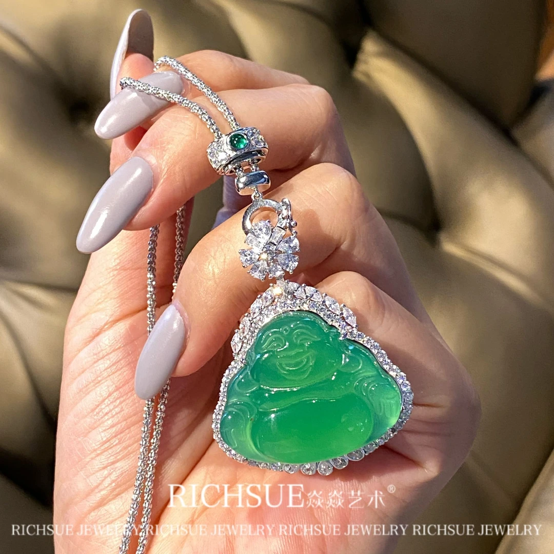 非金属合成锆石吊坠 RICHSUE 新中式国风绿色佛公吊坠s925银 百搭