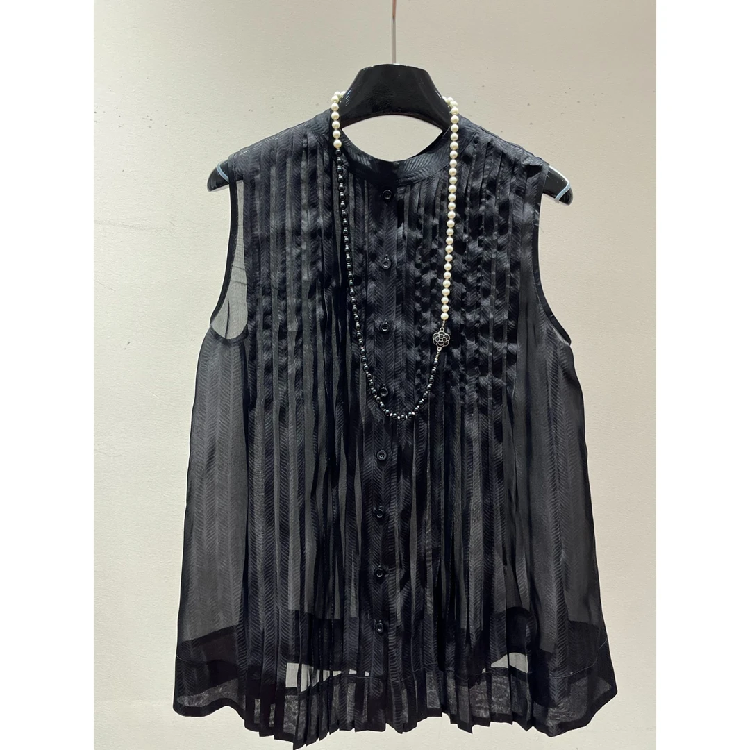 100%桑蚕丝黑色无袖压褶圆领宽松衬衫上衣气质通勤遮肉显瘦  71