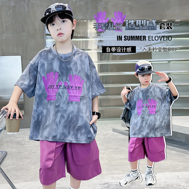 男童夏季新款潮酷韩版手掌印花喷染短袖工装短裤套装（130-180）