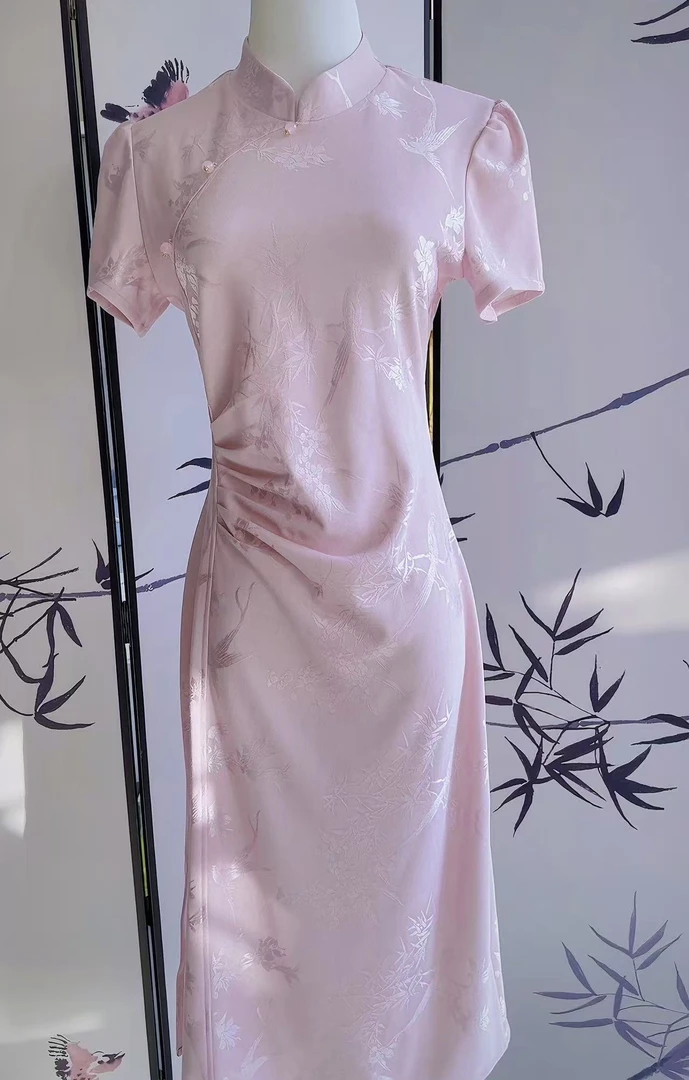 （夏季新中式旗袍）国风古韵褶皱典雅美修身显瘦日常穿粉色