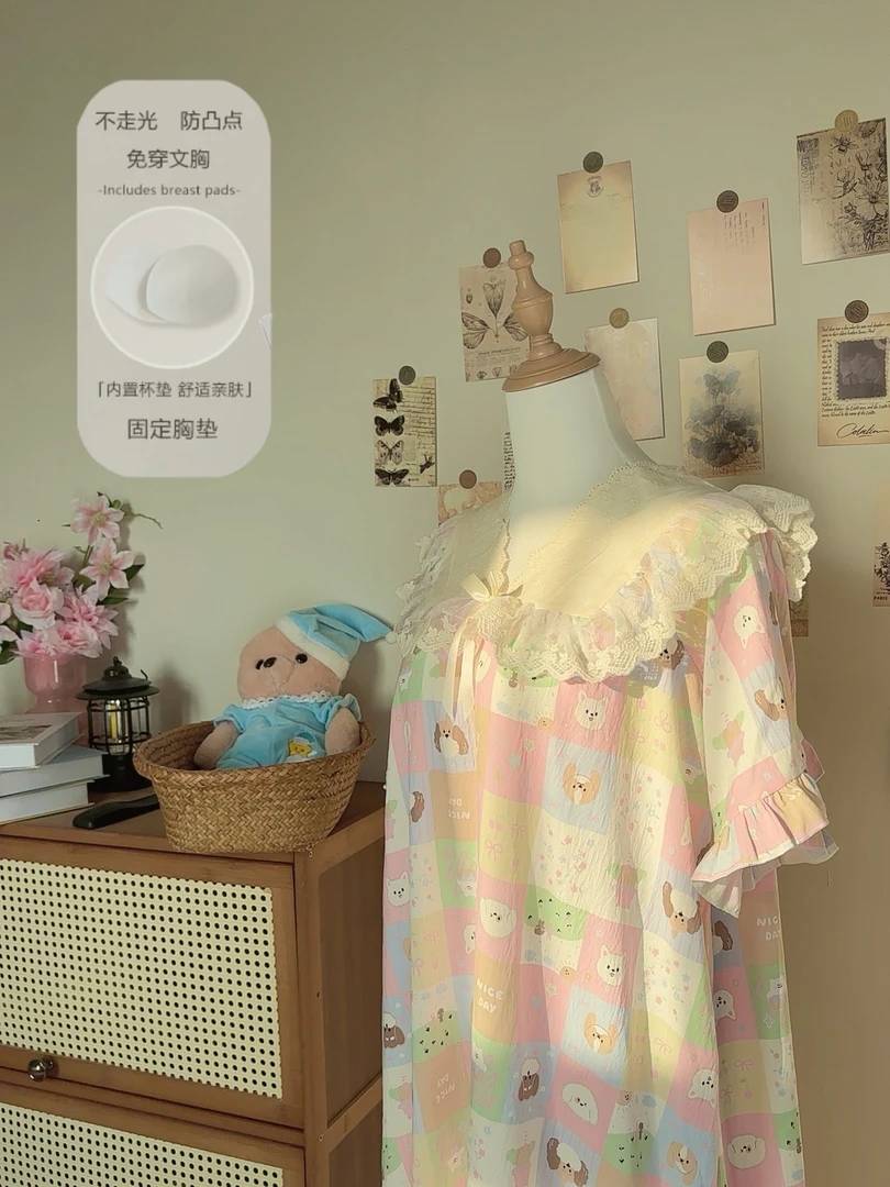夏季新款睡衣女家居服动物派对V领花边甜美睡裙带胸垫