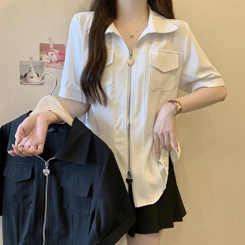 Q夏装新款胖mm大码时尚百搭polo双拉链显瘦短袖正肩T恤19413