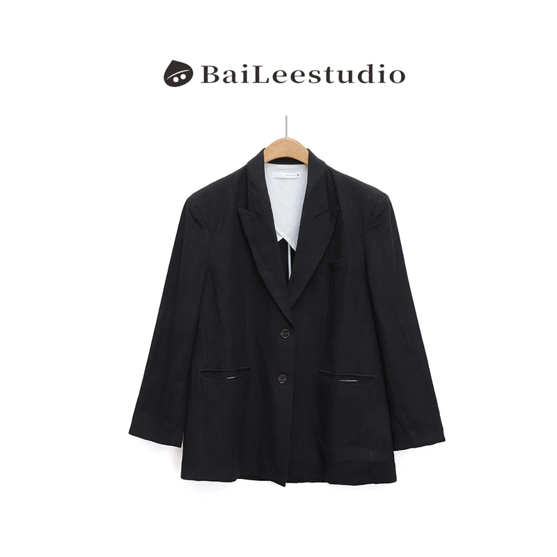 【柏栗良品】2025春季新品~简约百搭气质宽松黑色翻领西装23062905
