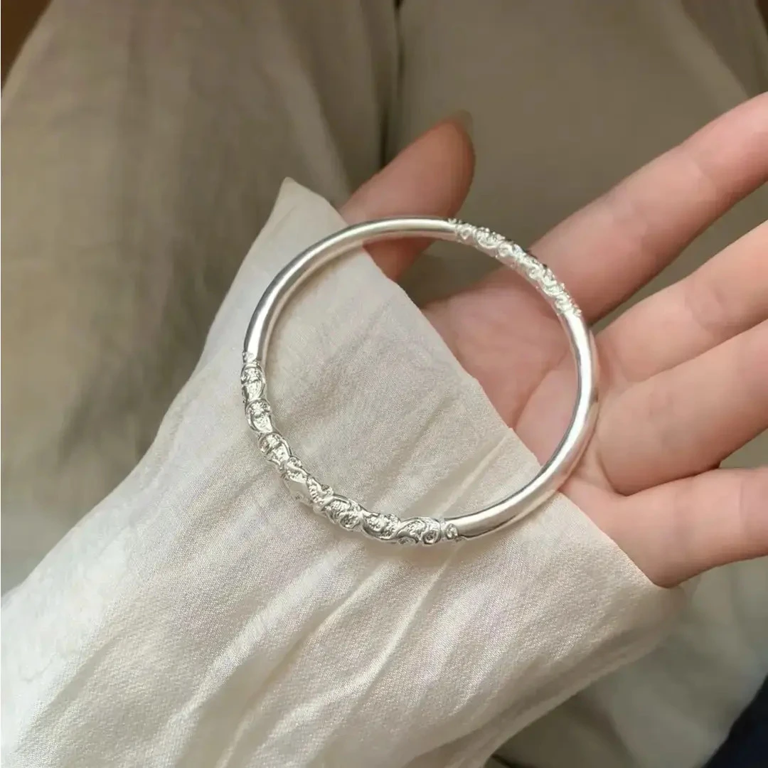 足银手镯 卷草纹银手镯女纯银999亮面闭口实心银镯子情人节送女友