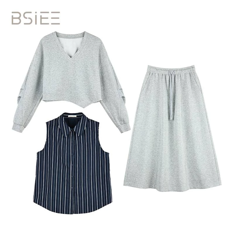 BSIEE/本涩条纹衬衫卫衣三件套裙