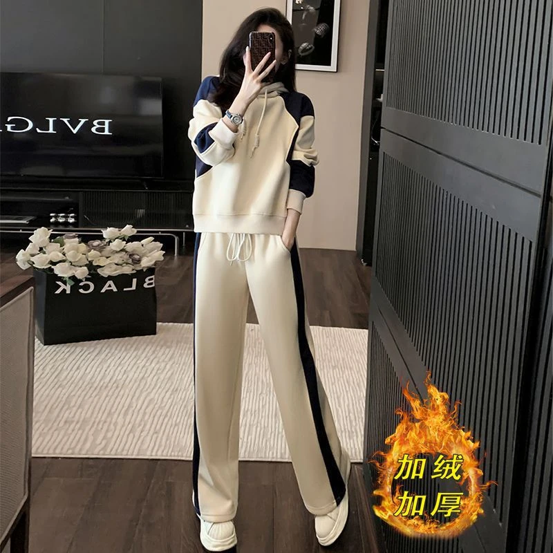 早秋卫衣休闲时尚运动套装女春秋2024年新款撞色连帽遮肉两件套潮