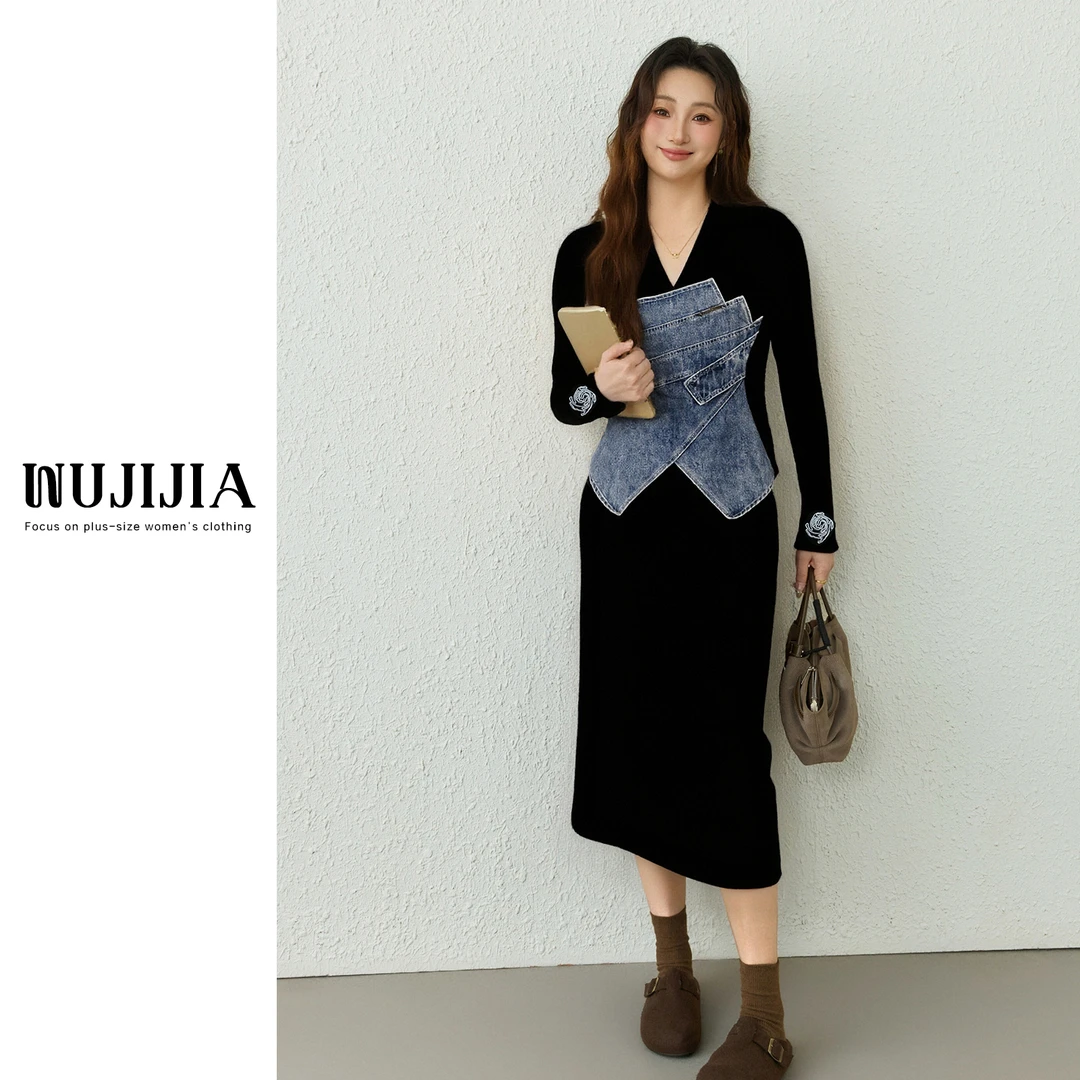 五季家大码女装秋冬设计感假两件牛仔拼接上衣丝绒半裙ZL112763