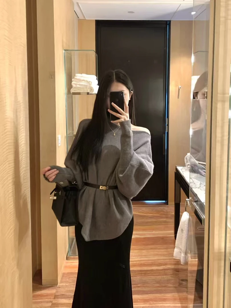 设计感小众不规则一字肩针织毛衣女秋季新款韩系洋气减龄百搭上衣