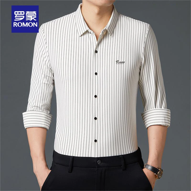 罗蒙春秋新款无痕竖条纹长袖衬衫男士潮流商务休闲免烫中青年衬衣