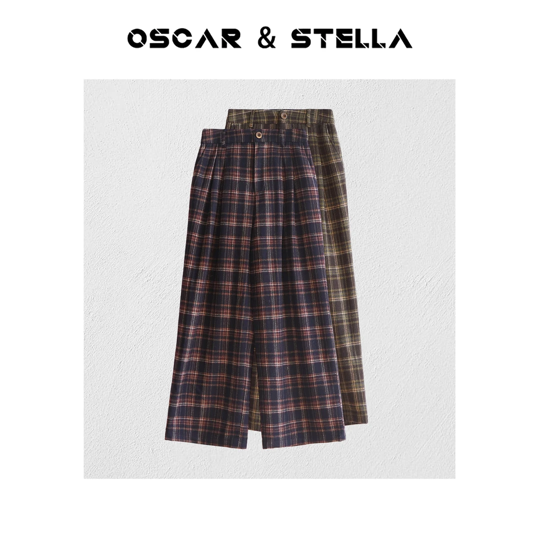 OSCAR&STELLA【朝歌】宽松直筒百搭舒适中高腰格纹休闲裤314-06118