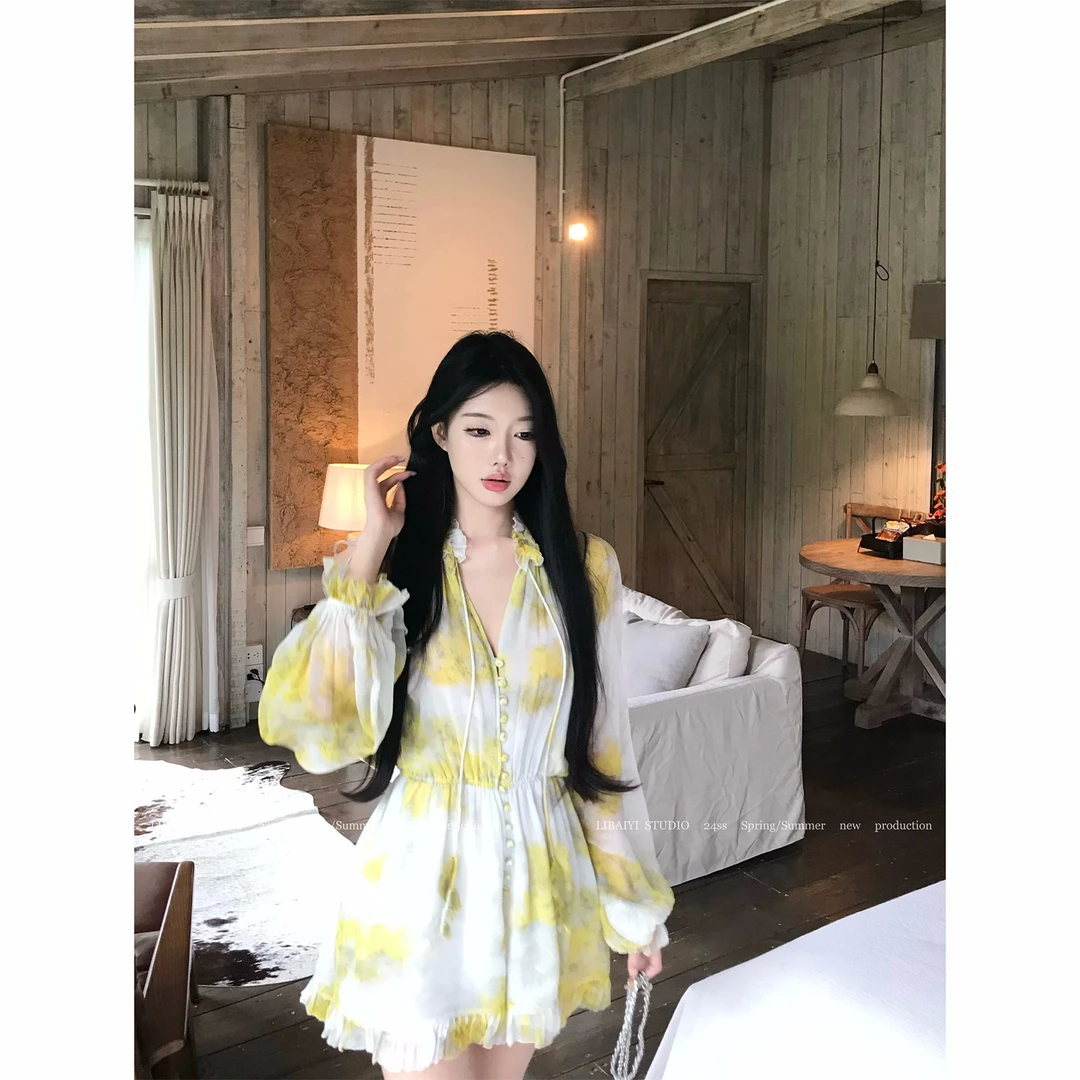 现货 LIBAIYI春野花序/法式浪漫感花边收腰显瘦长袖连衣裙1065