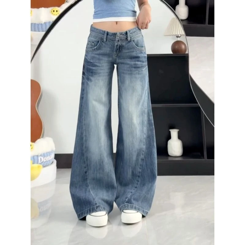 美式低腰秋季微喇牛仔裤女不贴腿宽松设计感显瘦辣妹阔腿拖地长裤
