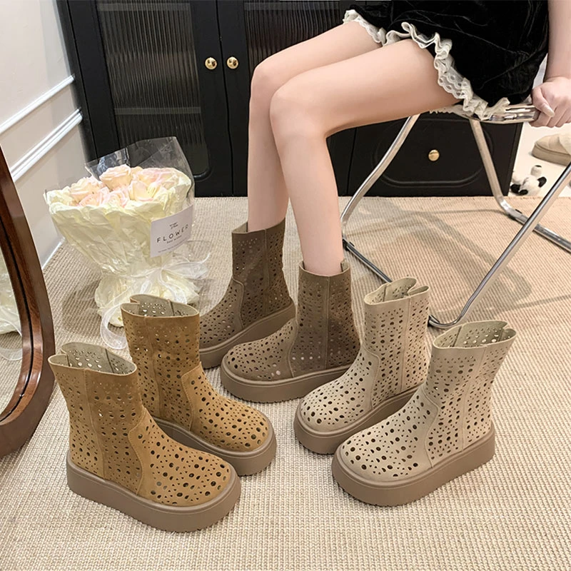 绝美版~美拉德风夏季棕色靴子女款复古厚底短靴2025新款洞洞凉靴