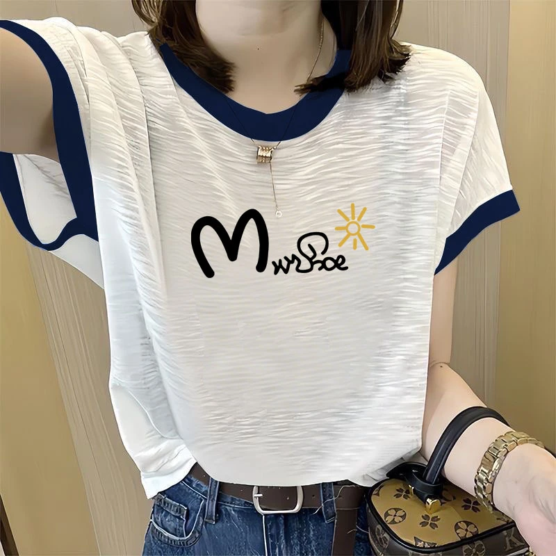 雪花棉设计感夏季薄款短袖2025新款白色圆领t恤衫女撞色印花上衣