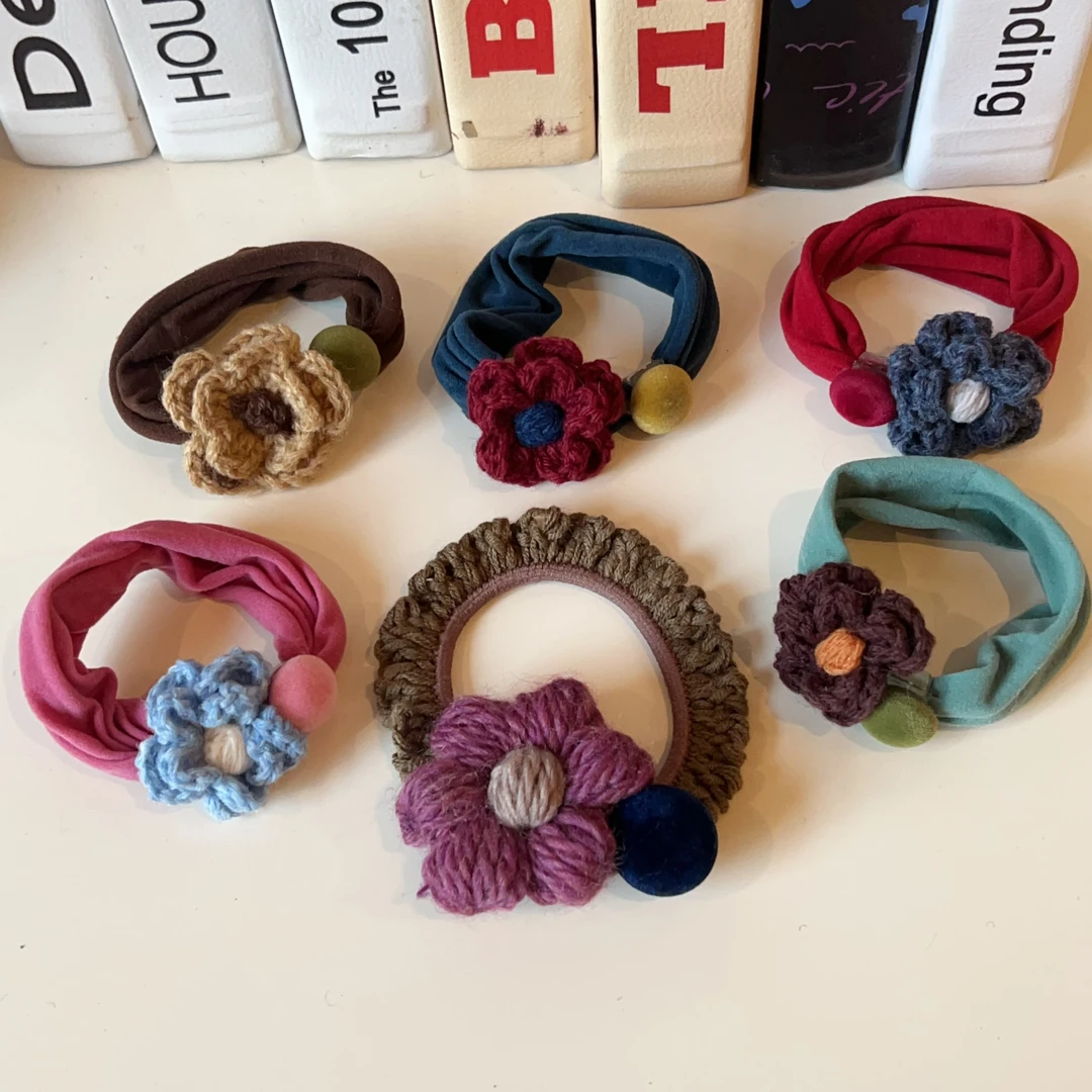 木子秋暖棕摩卡~复古手作毛线花朵发圈ins高级感气质时尚慵懒发绳