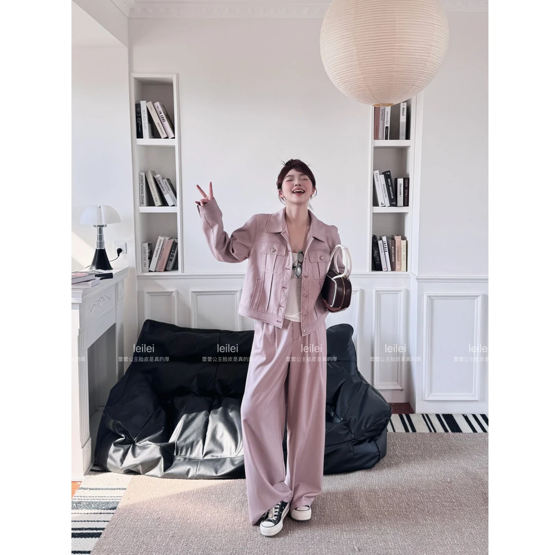 晶咕【型走都市】复古明线走线翻领长袖外套+后半截松紧高腰阔腿裤