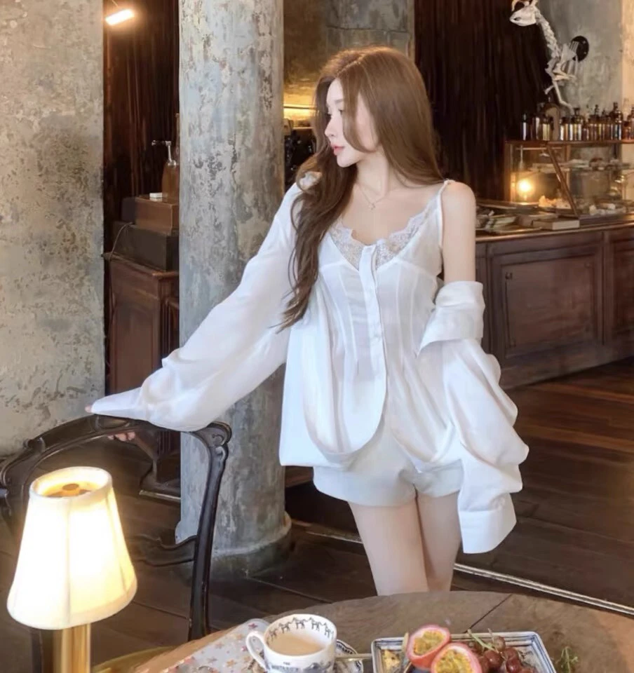 <<No退NO换>>氛围美学假两件蕾丝吊带连体衬衫设计感套装衬衣女