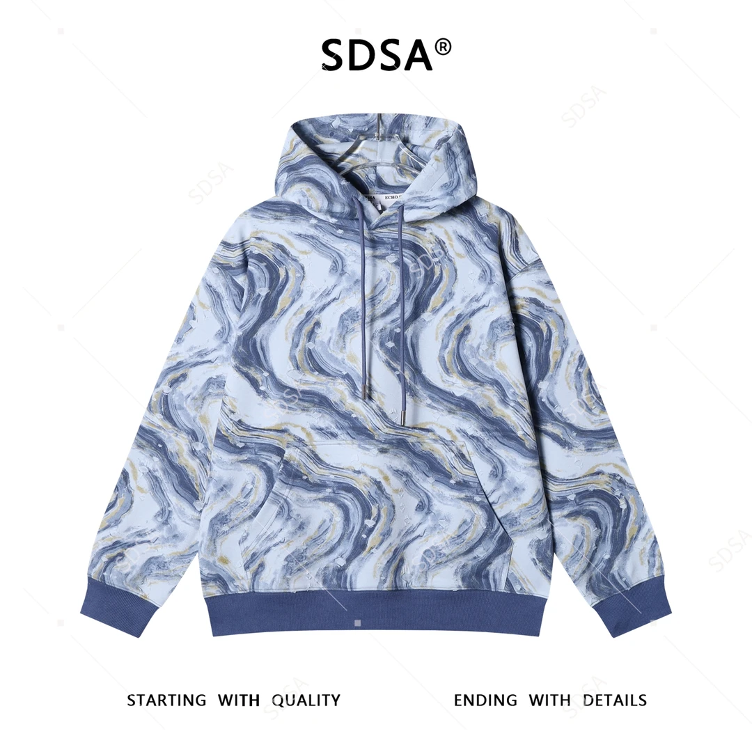 SDSA男士秋冬新款痞帅男装扎染水波纹破洞抽绳连帽卫衣时尚高级感