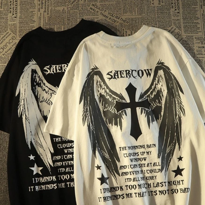 美式潮流小众十字架印花纯棉吸汗短袖t恤男士618大促高街情侣上衣