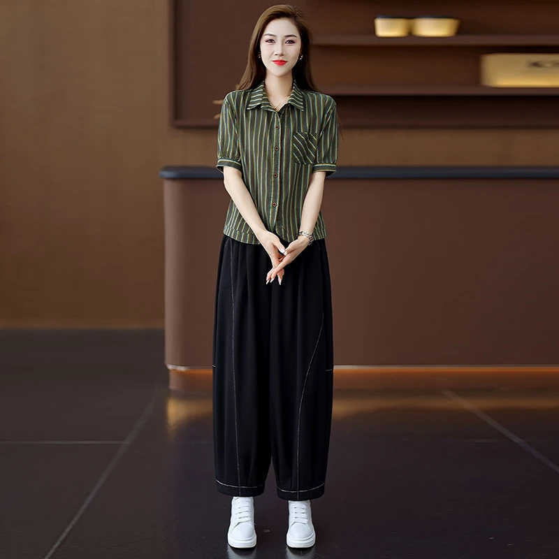 拉夏贝尔夏季条纹短袖2025年新款洋气宽松显瘦休闲衬衣阔腿裤套装