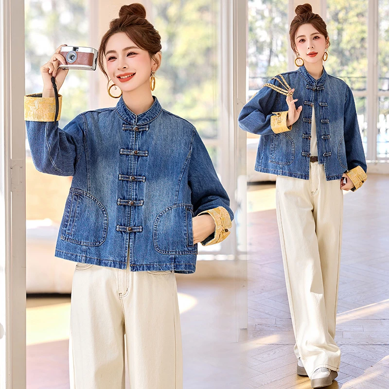 春装女款2025年新款新中式国风百搭独特超好看蓝色牛仔盘扣短外套