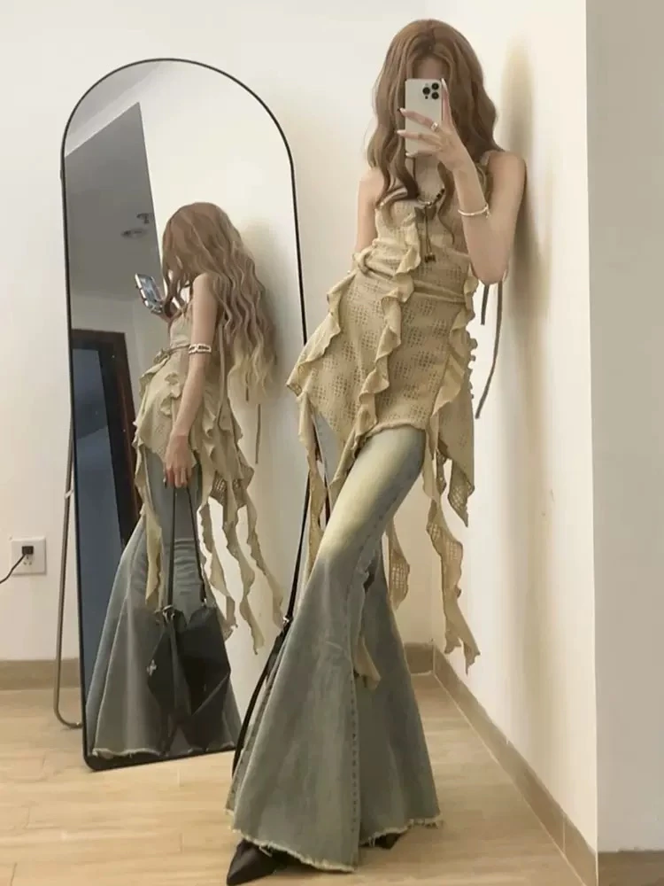 WA109/辣妹高腰大喇叭牛仔裤