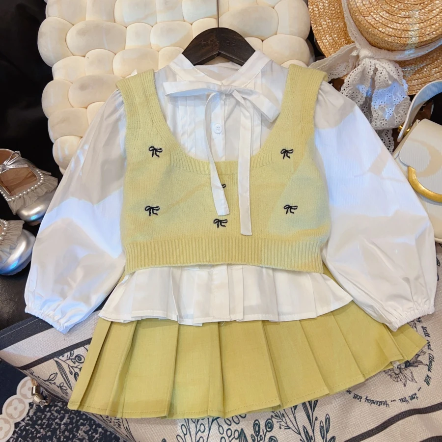 HHkids2025新款马甲套装春秋季韩版时尚百搭百褶裙三件FTZ251