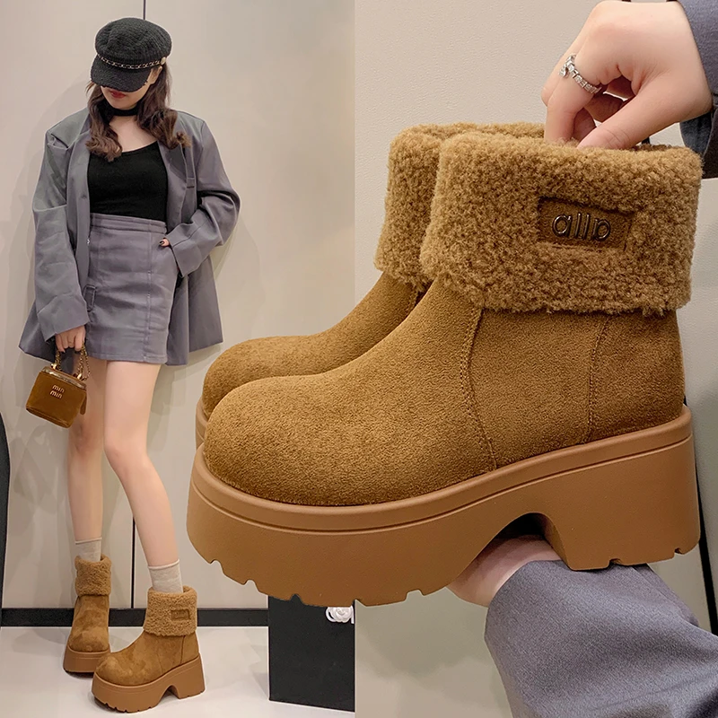 时尚厚底勃肯鞋加绒加厚雪地靴女款2025冬季新款增高短靴保暖棉靴