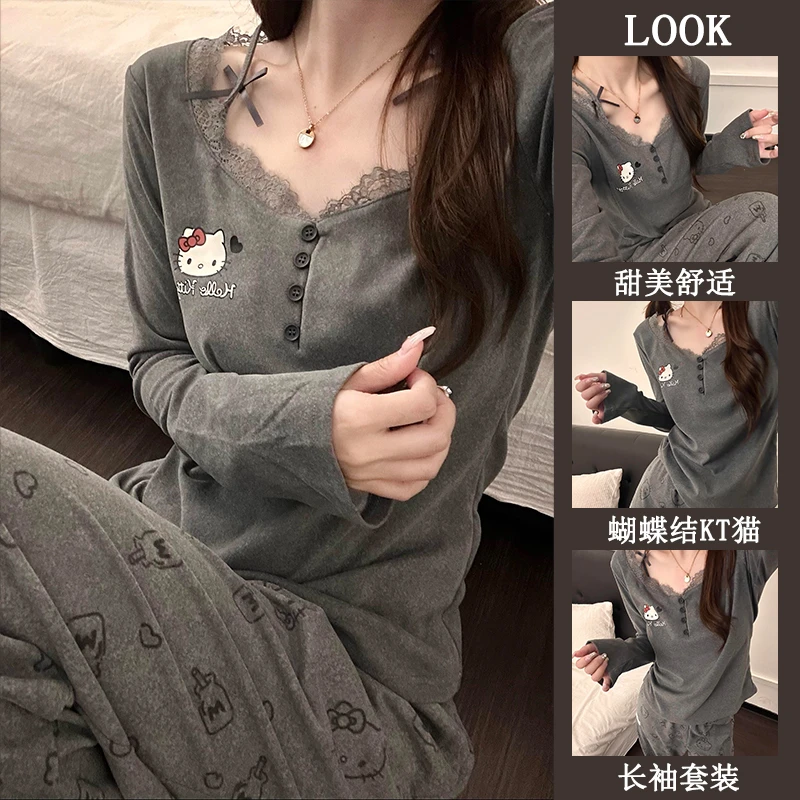 德绒保暖睡衣女秋冬季甜美风卡通kitty学生可外穿长袖家居服套装