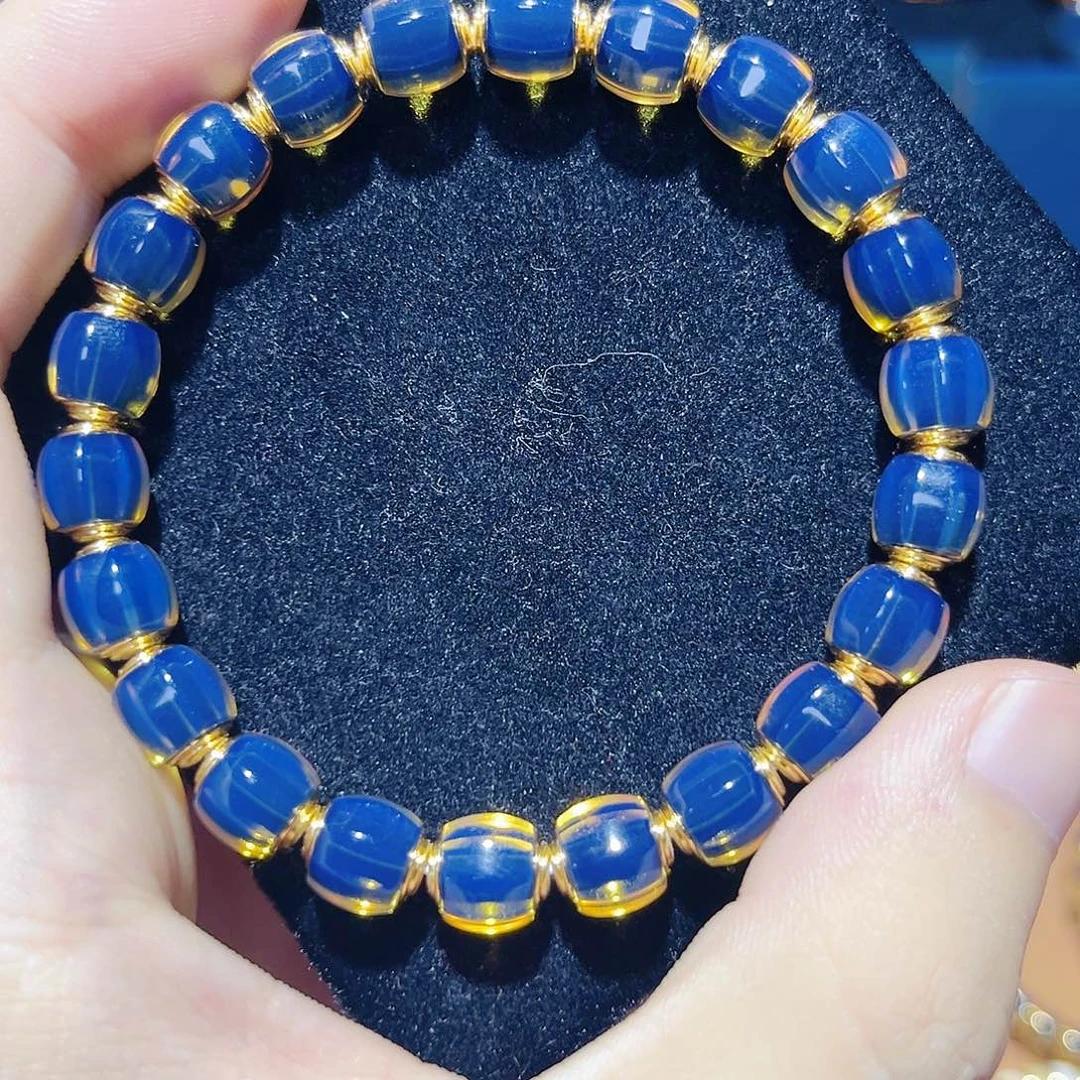 蓝珀银S925镀金镶嵌珠宝奇石8mm墨西哥文玩手串