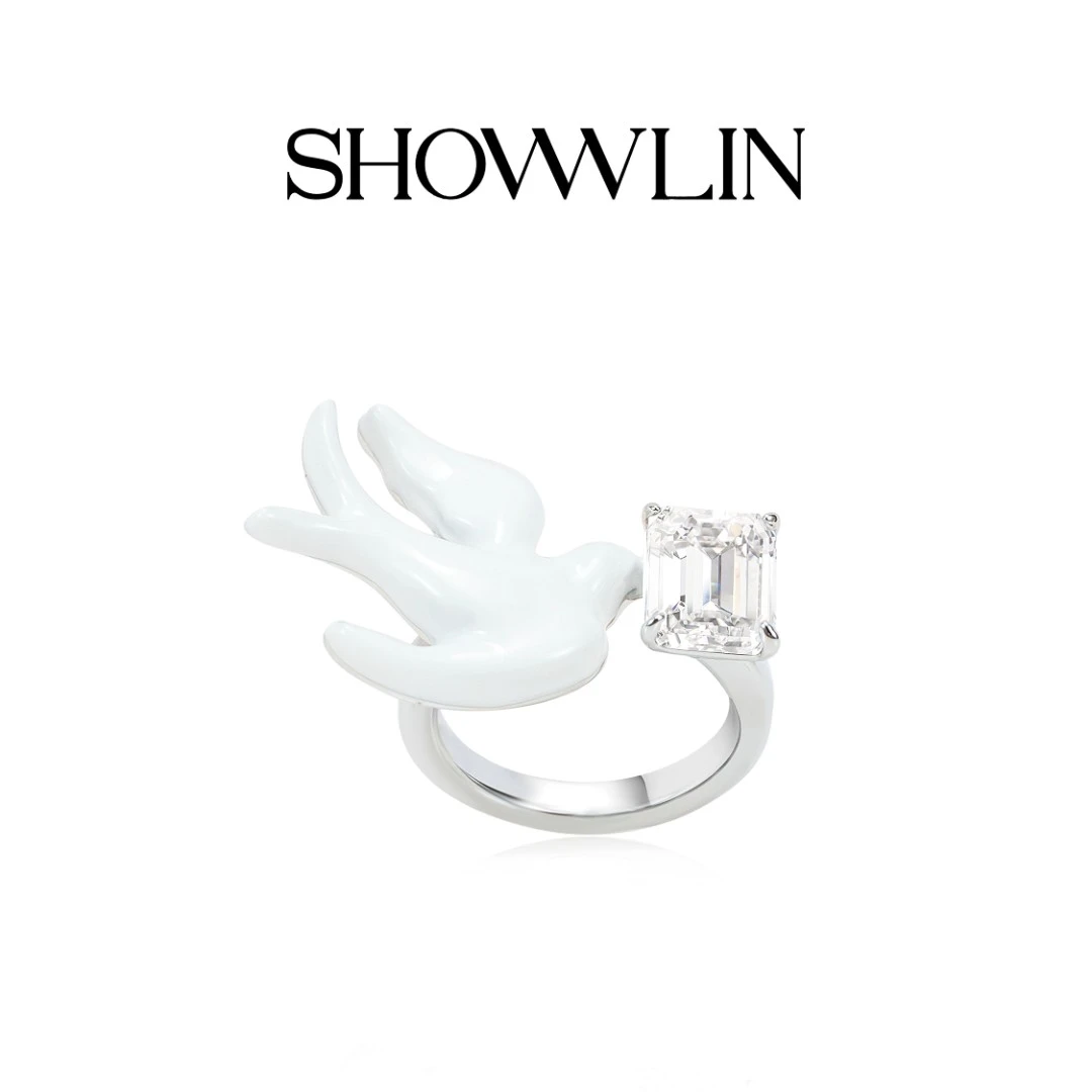 ShownLin 铜合金珐琅戒指 “燕归来”白色开口戒指小众时尚