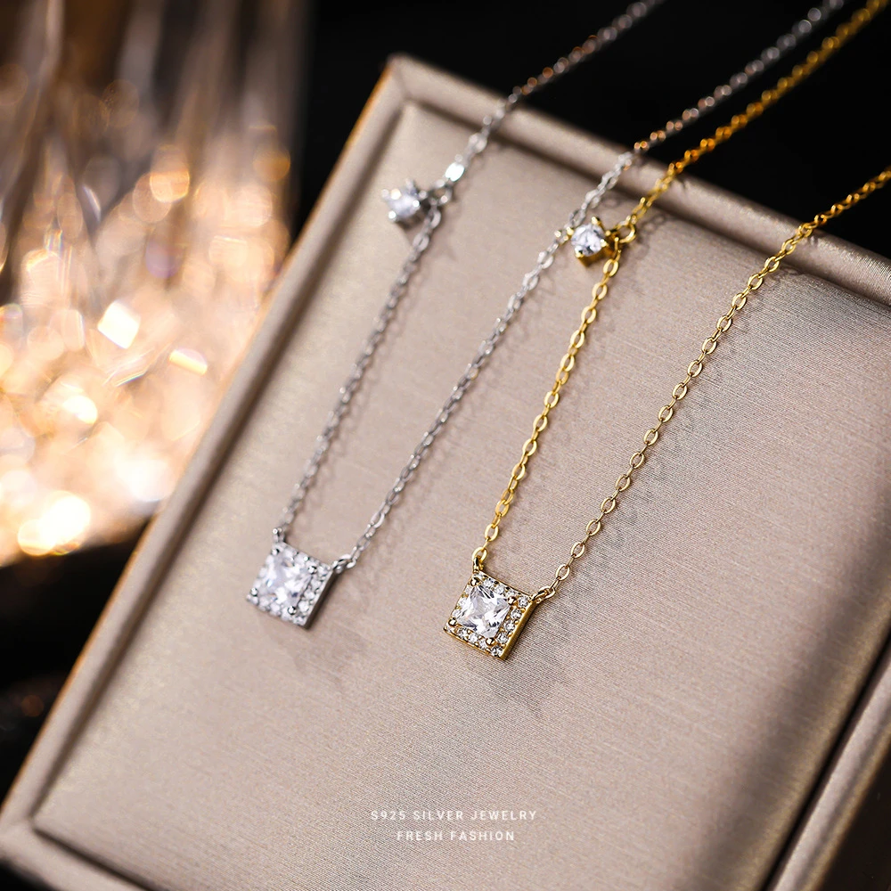 S925银复古方形锆石项链女简约短款双钻小众冷淡风设计锁骨链代发