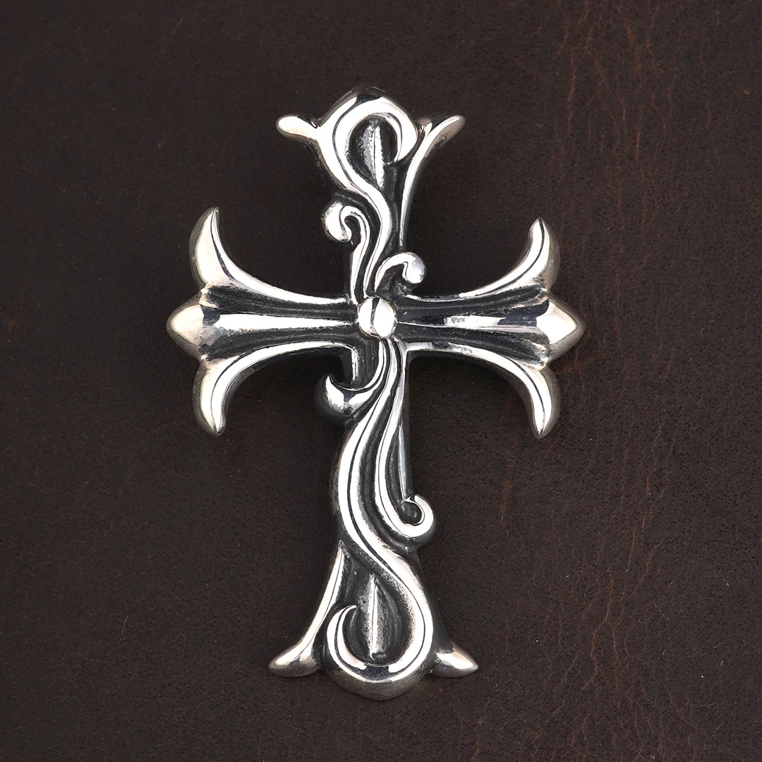 吊坠925银 925银手工复古花藤十字架项链吊坠