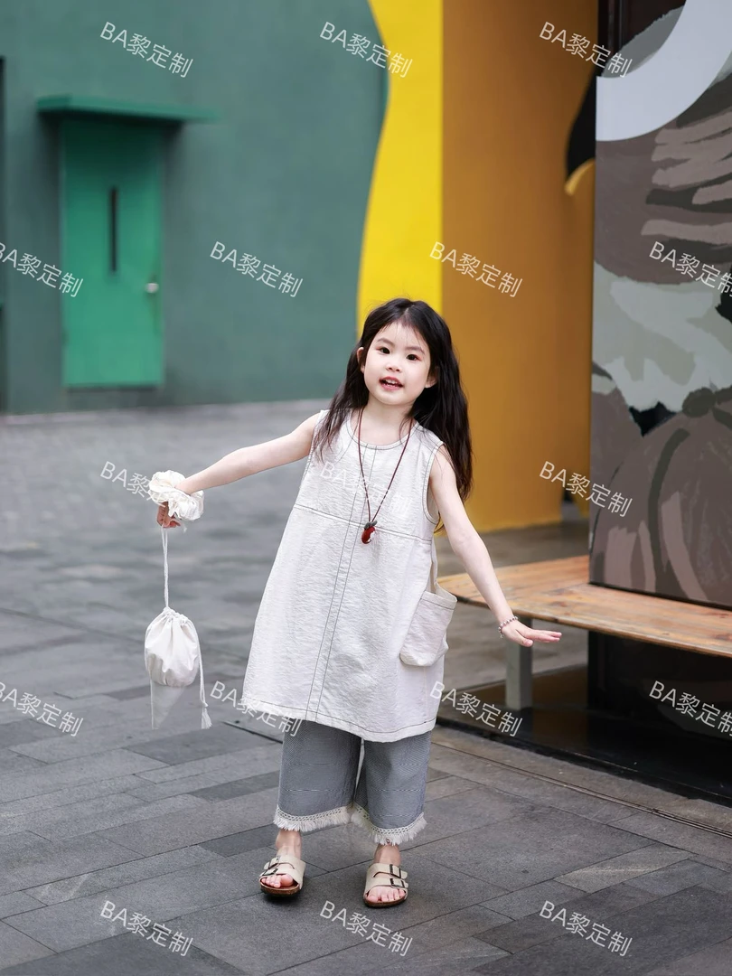 现货【BA黎-431】夏季女童设计明线无袖连衣裙&格子流苏休闲裤