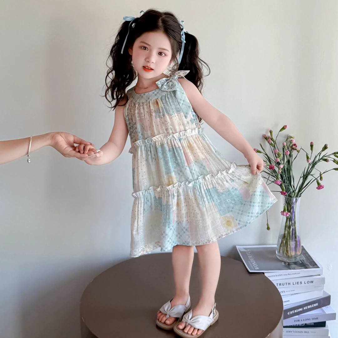 小女孩夏季甜美蝴蝶结连衣裙2025新款儿童洋气公主裙女宝宝裙子潮