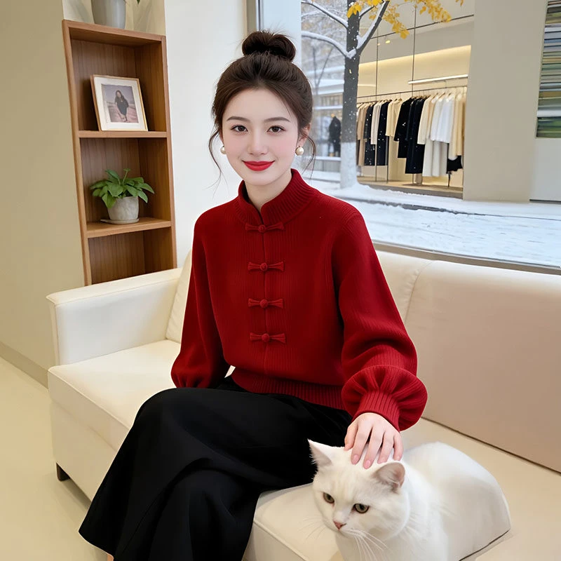 大码新中式立领盘扣红色毛衣女冬季胖mm氛围感新年针织衫内搭上衣