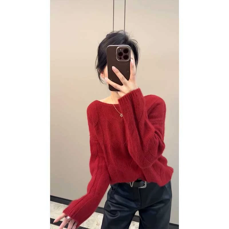 软糯舒适红色圆领长袖针织衫女2025秋季新款宽松显瘦气质百搭毛衣