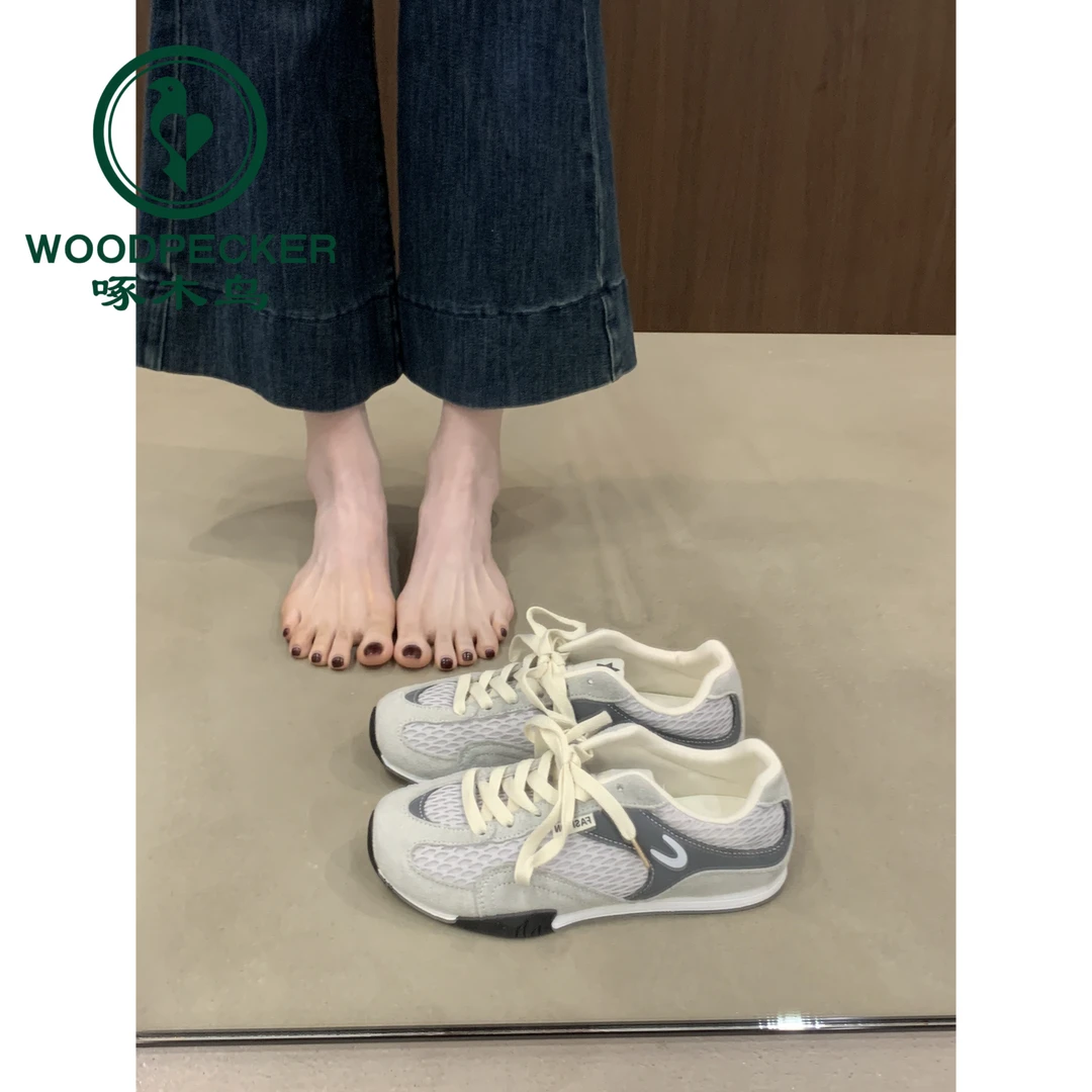 啄木鸟网面透气德训鞋女2025秋季百搭平底阿甘鞋休闲运动鞋板鞋女