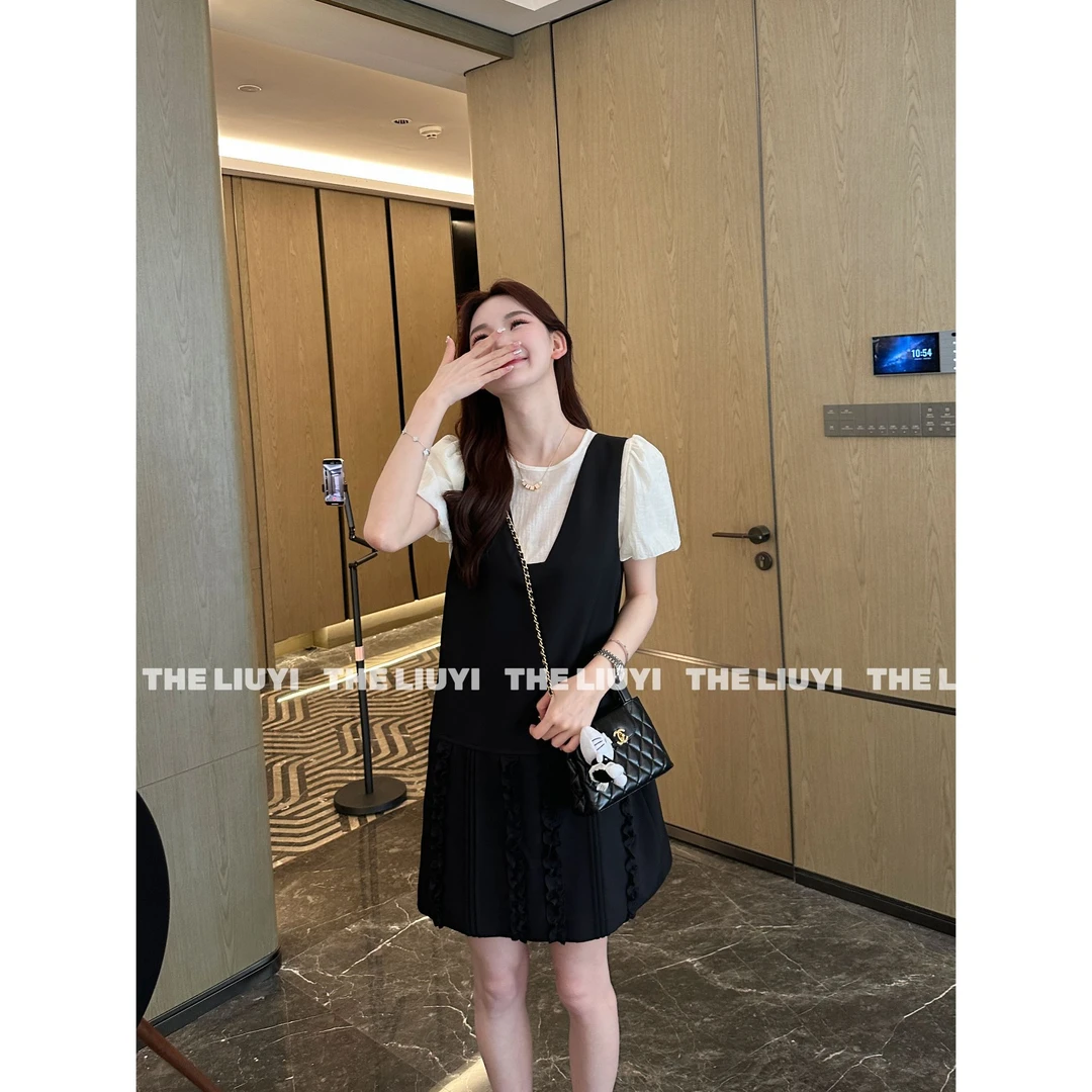 【LIUYI】夏季韩系花苞袖小衫+木耳边拼接显瘦背心裙55283