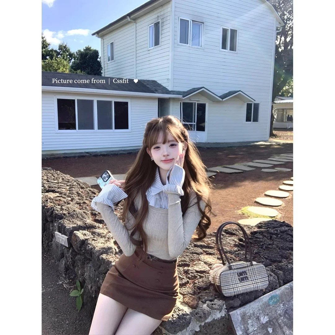 迟伞伞 松间花火 假两件条纹撞色衬衫拼接针织上衣两色入