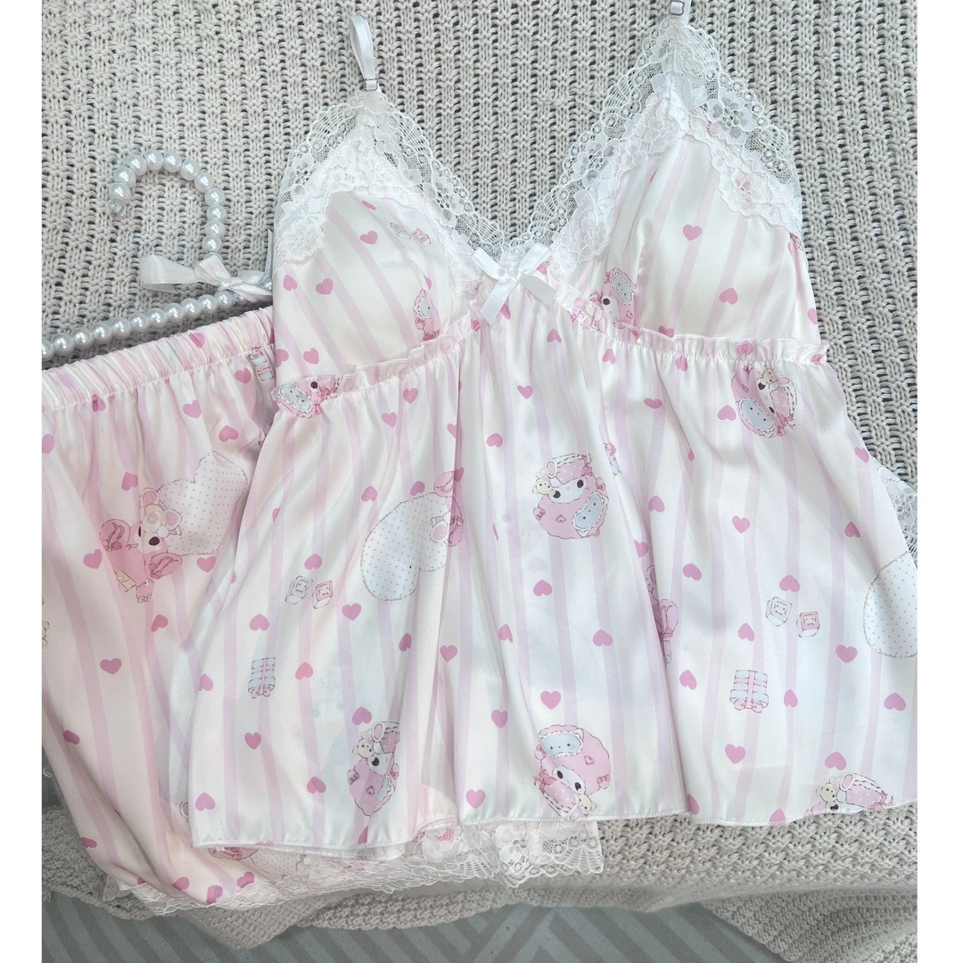 美乐蒂-c可爱女士花边睡衣家居服套装吊带短裤