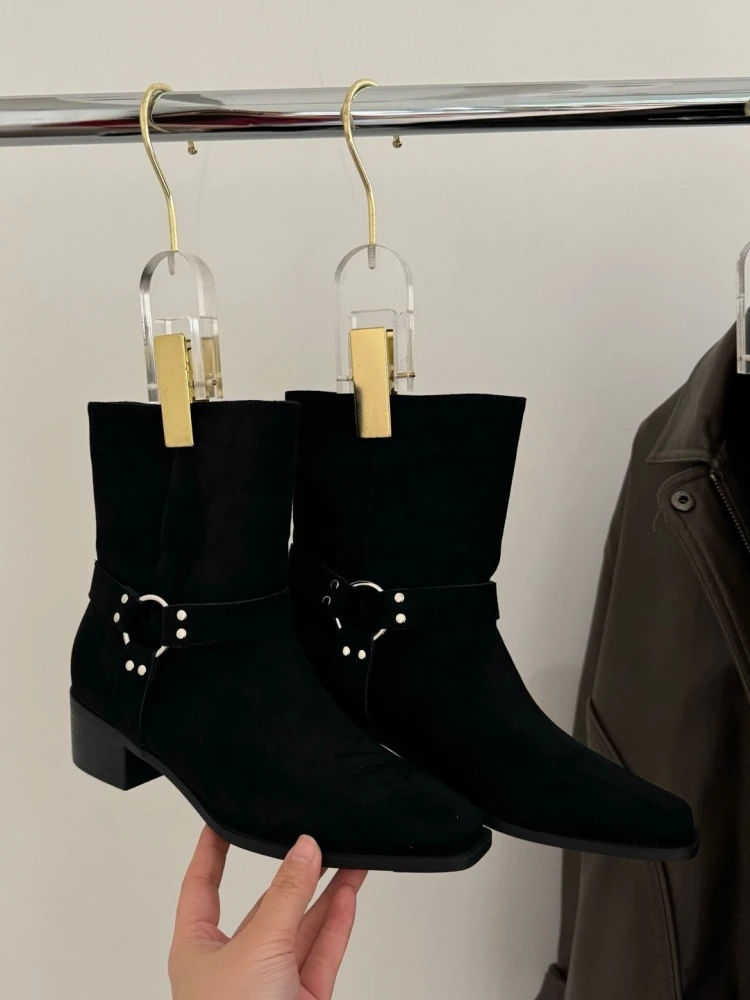 韩版粗跟绒面方头短靴女2025秋冬季新款两穿短靴复古西部牛仔靴女