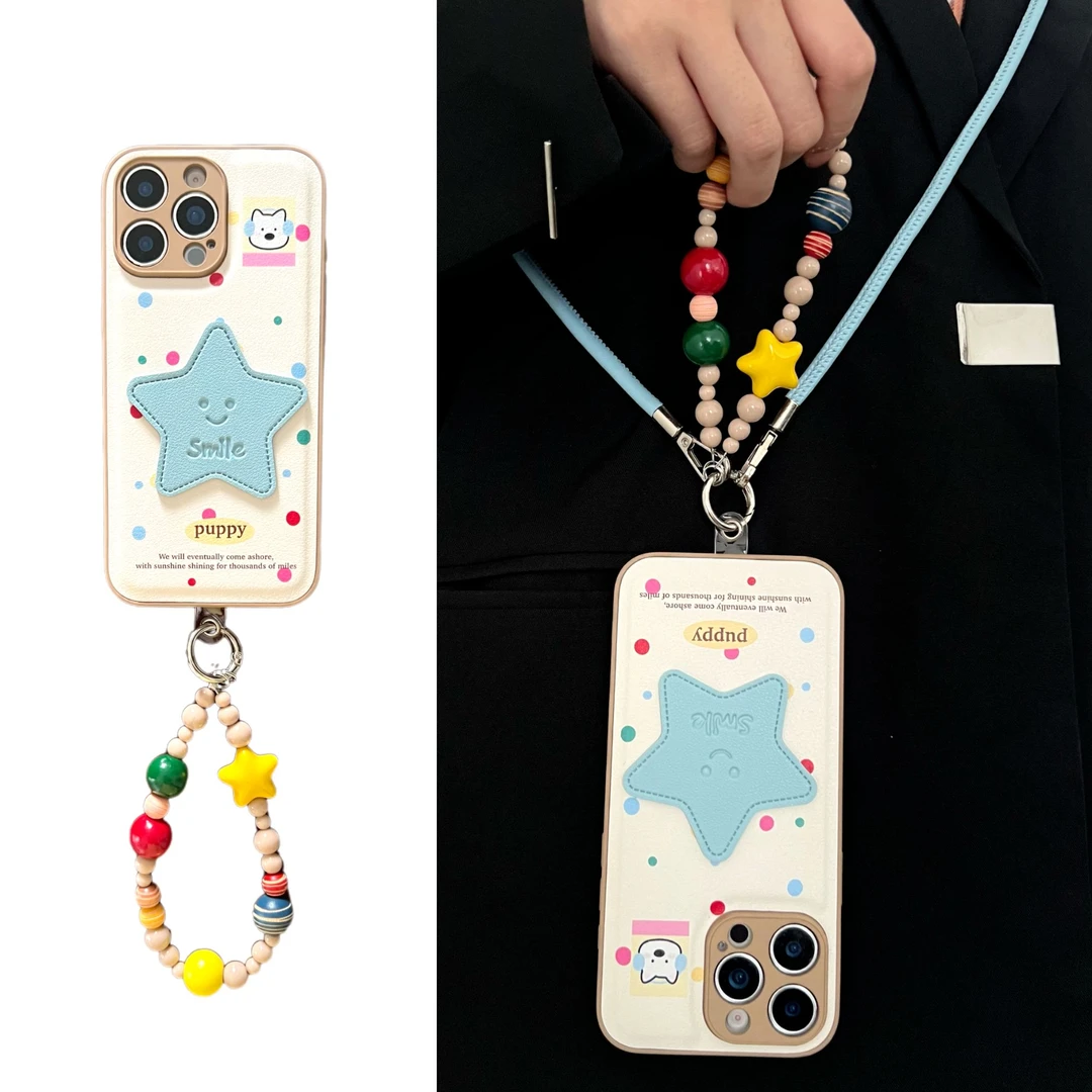 ins唯美皮纹彩波点蓝星星适用iPhone16pro手机壳15pro手链华为p80