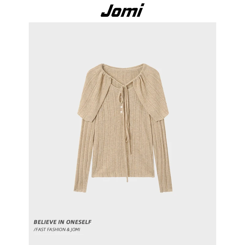 JOMI秋季新款女士简约百搭可拆披肩针织衫两件套毛衣