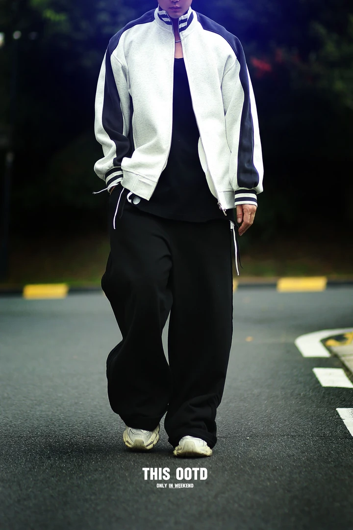 潮流时尚拼接宽松撞色个性小立领双拉链拉链卫衣