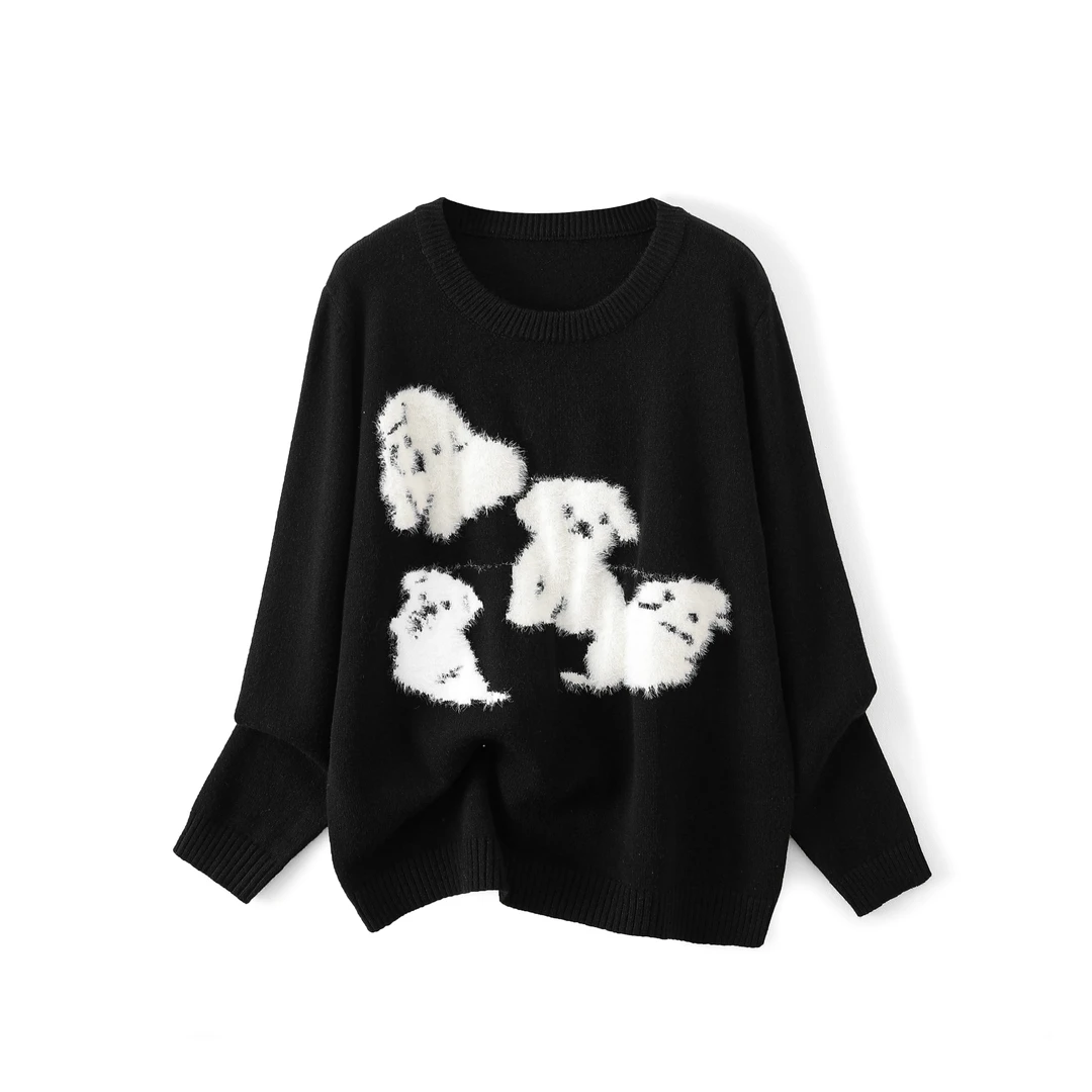 2025新款圆领气质甜美卡通小狗慵懒风针织打底衫毛衣女257101