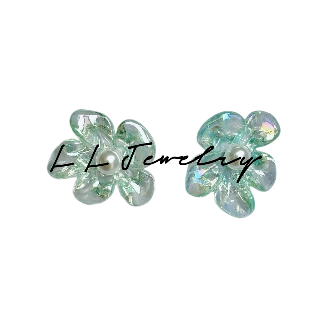 铜合金亚克力耳饰 LL Jewelry & 春夏极光蓝绿色花朵耳钉
