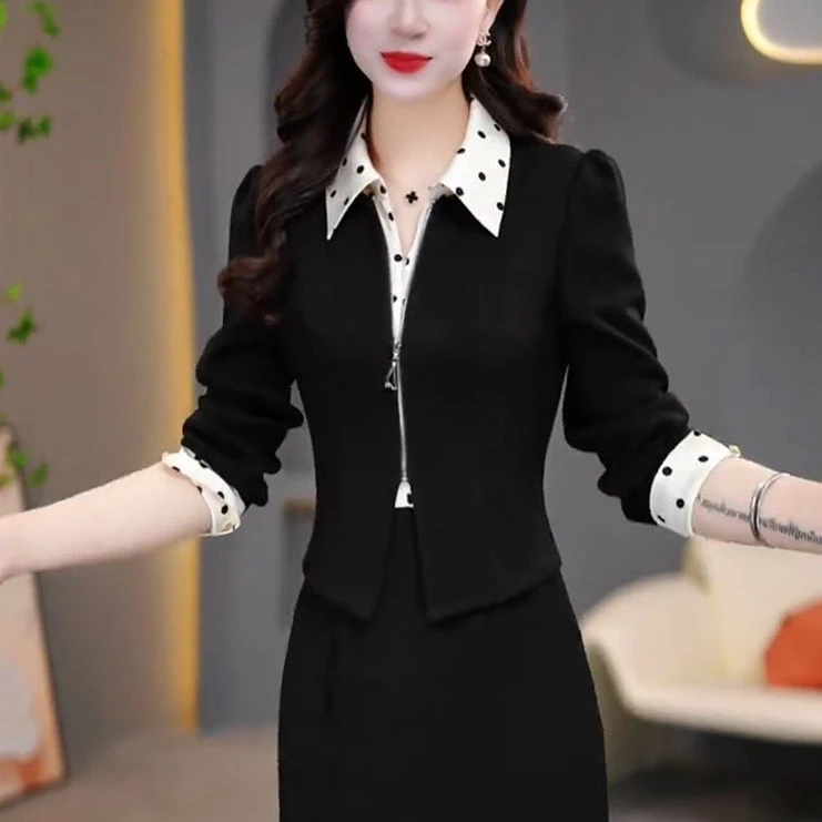 2025春季新款时尚假两件长袖连衣裙女气质收腰显瘦中长款休闲裙子